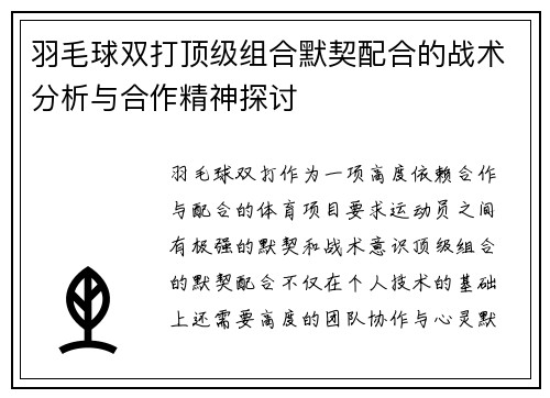 羽毛球双打顶级组合默契配合的战术分析与合作精神探讨